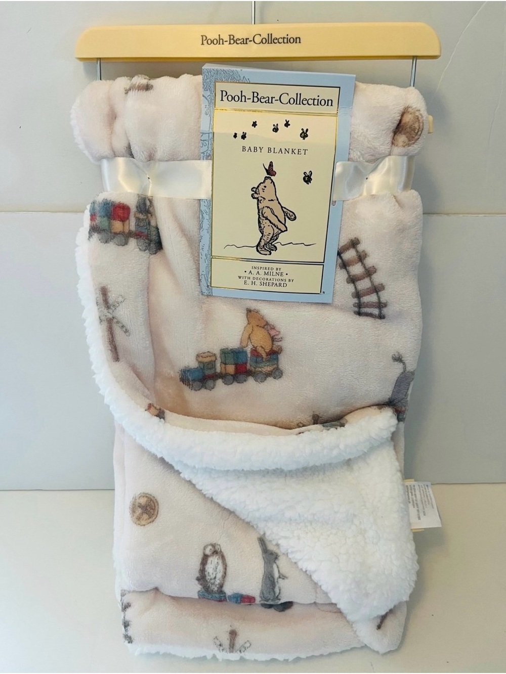 Winnie the Pooh Bear Collection Sherpa Style Baby Blanket Railroad Train Track